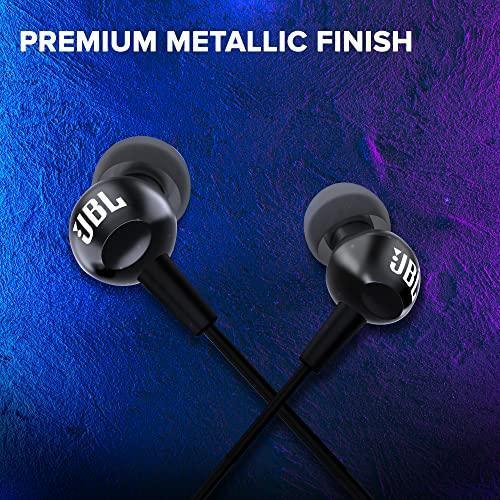 JBL C100SI Wired In Ear Headphones with Mic, JBL Pure Bass Sound, One Button Multi-function Remote, Premium Metallic Finish, Angled Buds for Comfort fit (Black) For Discount