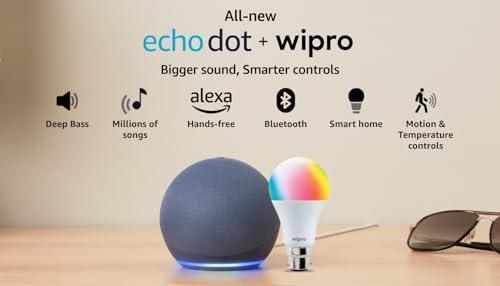 Amazon Echo Dot (5th Gen, Blue) Combo with Wipro 9W LED Smart Color Bulb Preowned Sale