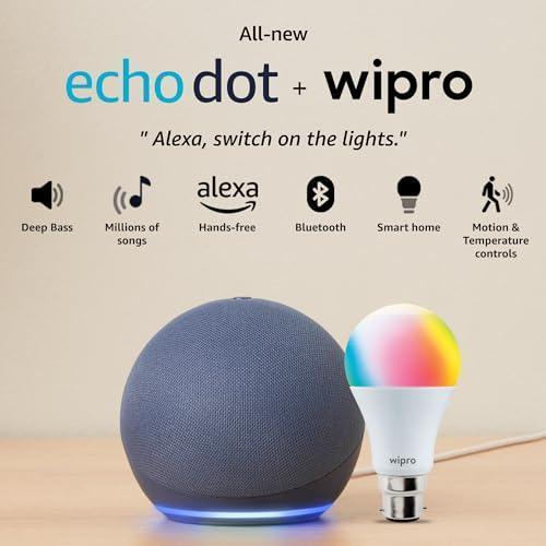 Amazon Echo Dot (5th Gen, Blue) Combo with Wipro 9W LED Smart Color Bulb Preowned Sale