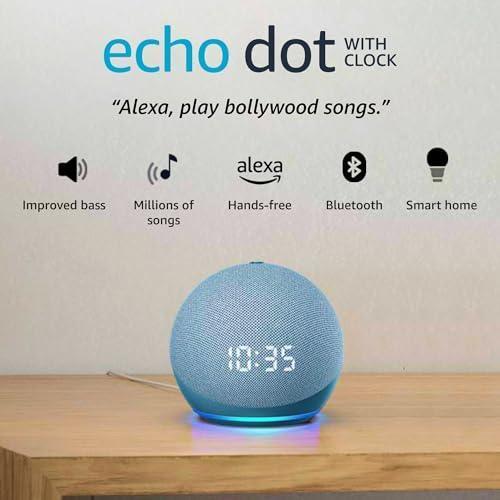 Amazon Echo Dot 4th Gen with clock | Smart speaker with powerful bass, LED display and Alexa (Blue) Fashion