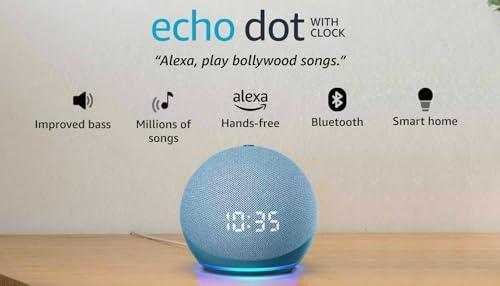 Amazon Echo Dot 4th Gen with clock | Smart speaker with powerful bass, LED display and Alexa (Blue) Fashion